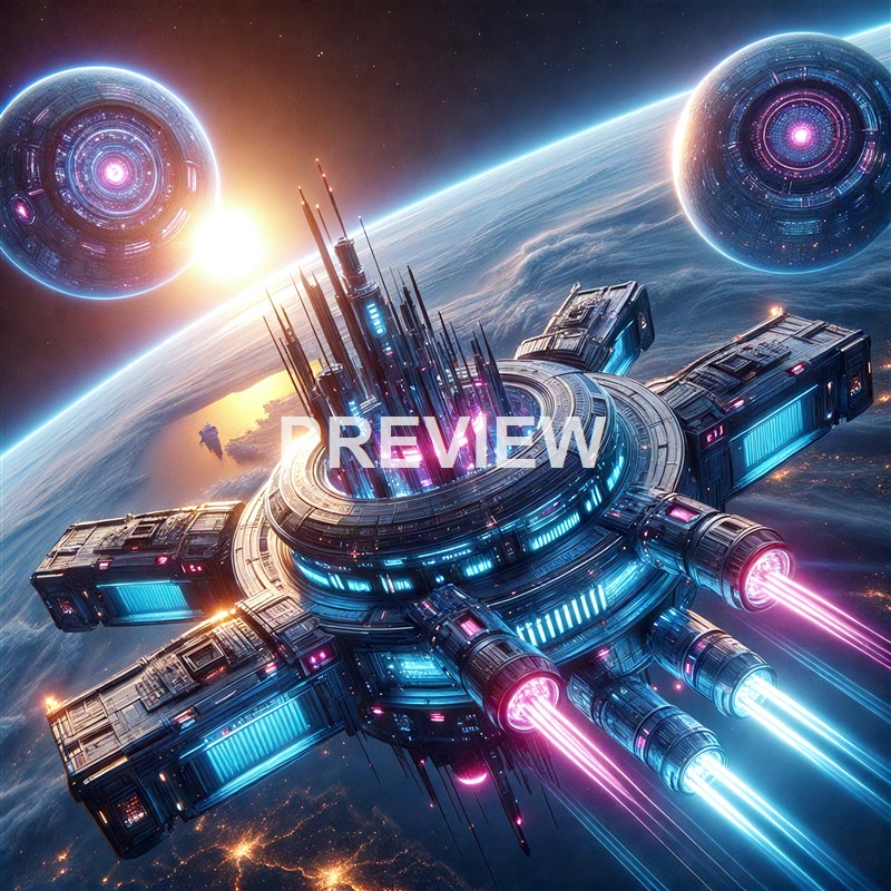 A highly detailed and futuristic spaceship with glowing blue and pink lights orbiting above Earth, accompanied by two large, glowing, circular structures in space.